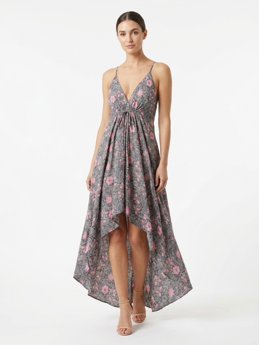Handmade Slip Dress Hi-Low Tie Back Silk Floral Grey Pink M